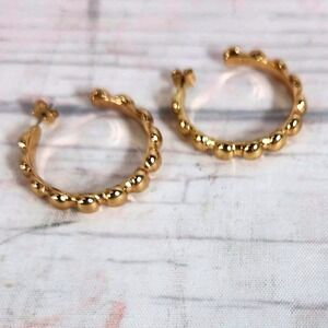 Gold Tone Beaded‎ Hoop Earrings Small Classic Jewelry - Pieced